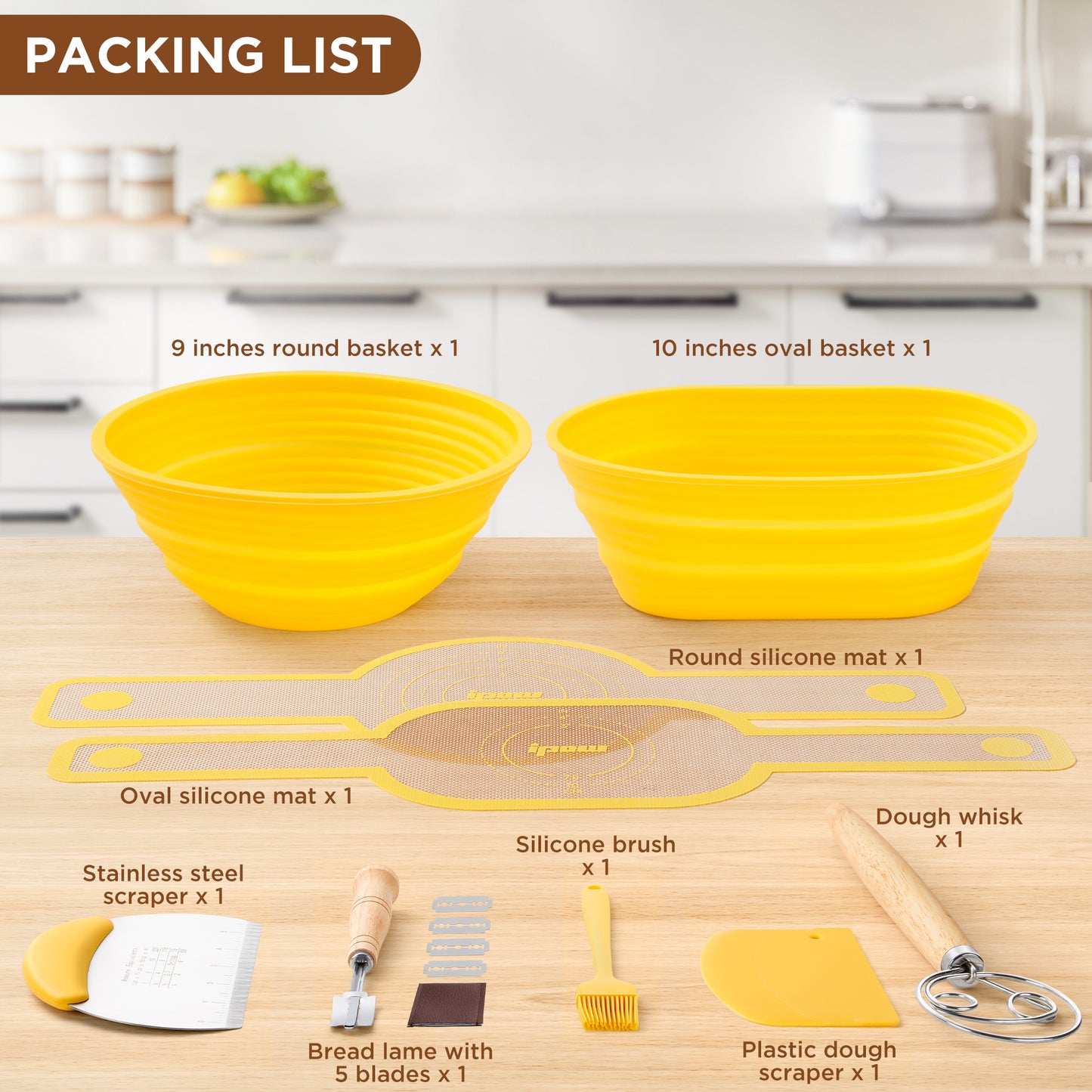 IPOW 15PCS/Set Bread Proofing Basket with 9" Round & 10" Oval Bannetons, Round & Oval Silicone Mat, Bread Lame, Danish Whisk, Silicone Brush, Bowl & Dough Scrapers
