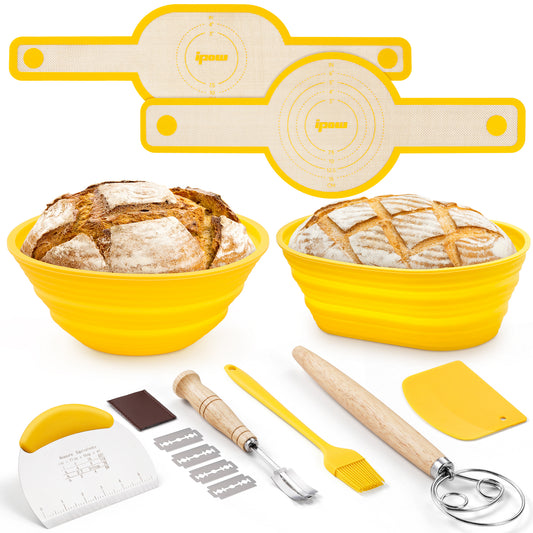 IPOW 15PCS/Set Bread Proofing Basket with 9" Round & 10" Oval Bannetons, Round & Oval Silicone Mat, Bread Lame, Danish Whisk, Silicone Brush, Bowl & Dough Scrapers