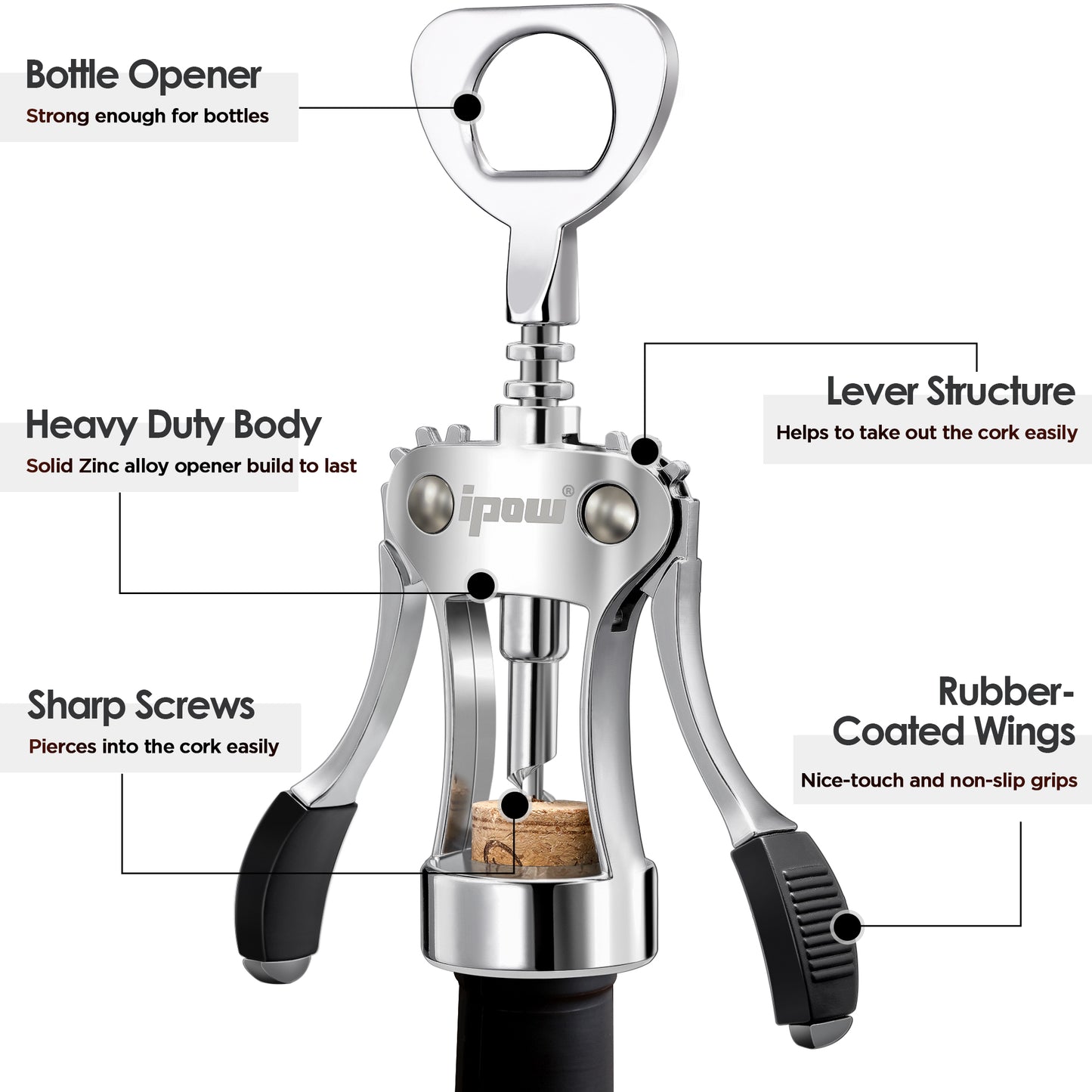 IPOW Zinc Alloy Wine Bottle Opener - Silver